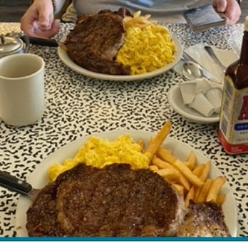 Big Joe's - San Bruno - Ribeye and eggs -fries. Wow!  Giant  seriously like 3-4 eggs worth in the scramble. - Diners Near Me - San Bruno, California