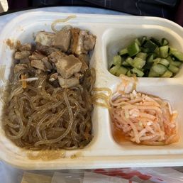 Chicken japchae bowl with radish and cucumbers. Chicken japchae bowl with radish and cucumbers.
