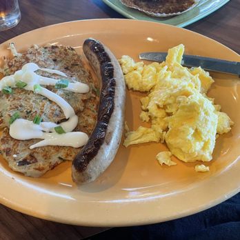 Polly's Pies Restaurant & Bakery - The Brat & Eggs off the Oktoberfest Menu. Those are Potato Pancakes, with green onion & sour cream. - Bakeries Near Me - Los Alamitos, California Polly's Pies Restaurant & Bakery - The Brat & Eggs off the Oktoberfest Menu. Those are Potato Pancakes, with green onion & sour cream. - Bakeries Near Me - Los Alamitos, California