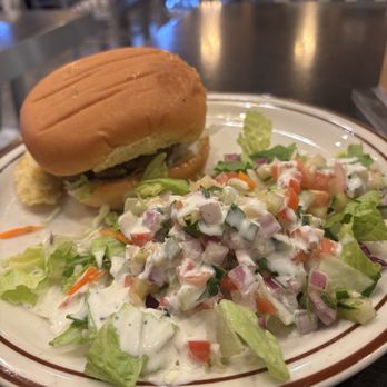 Mirchi Cafe and Masala Pizza, Halal American & Desi Restaurant - Lahore burger with salad - Halal Near Me - Dublin, California