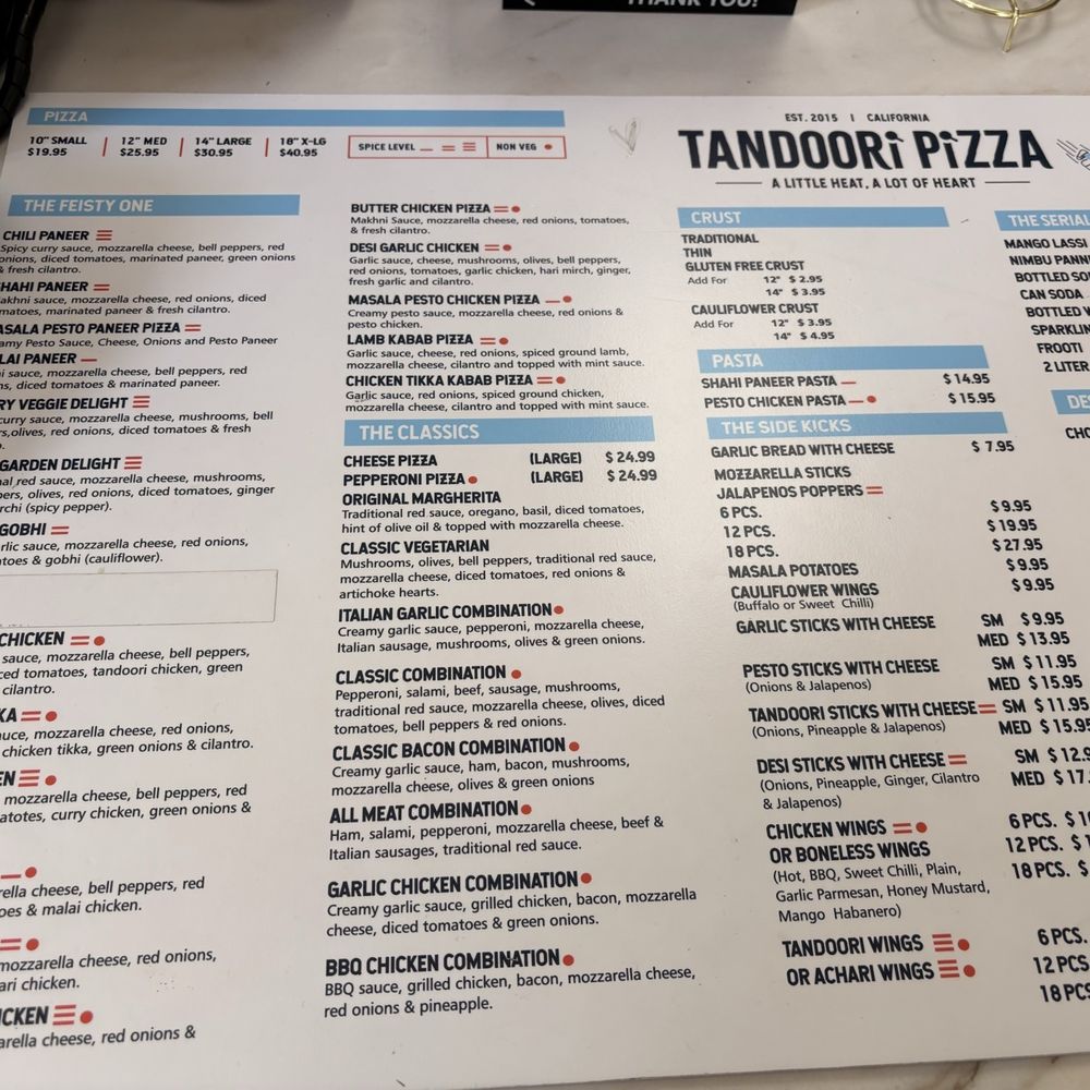 Tandoori Pizza - A menu of all the choices that they have and the heat ratings - Pizza Near Me - Brentwood, California Tandoori Pizza - A menu of all the choices that they have and the heat ratings - Pizza Near Me - Brentwood, California