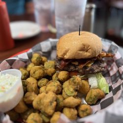 Steeplechase Sports Bar & Grill - Steeplechase Burbon Burger w fried okra