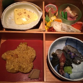 NAOE - bento box appetizer,  whipped matcha tea with raspberry gelee - Japanese Near Me - Miami, Florida