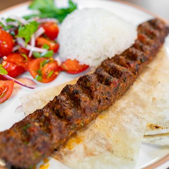 Meyhouse - Acılı Sebzeli Kebap (Part of $40 three-course lunch prix fixe) spicy ground beef kebap w/ rice & tomato salad - Turkish Near Me - Palo Alto, California