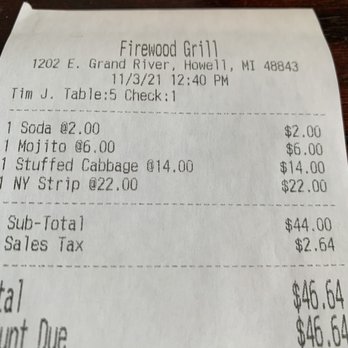 Firewood Grill - Our bill was over $46 without the tip. - Cocktail Bars Near Me - Howell, Michigan Firewood Grill - Our bill was over $46 without the tip. - Cocktail Bars Near Me - Howell, Michigan