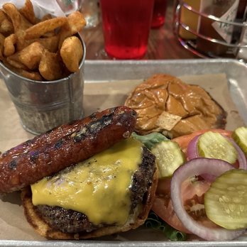 Texas Biergarten - The Big Shawn Sausage Cheeseburger with Sidewinder Fries - German Near Me - Missouri City, Texas Texas Biergarten - The Big Shawn Sausage Cheeseburger with Sidewinder Fries - German Near Me - Missouri City, Texas