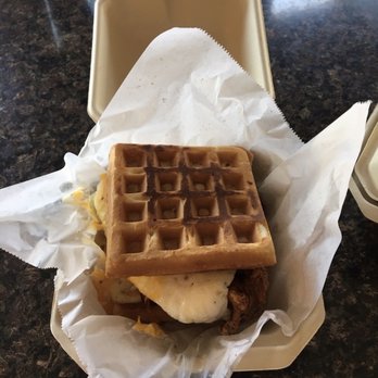 Over the Edge Taphouse - Chicken Waffle Sandwich from Grubbish Food Truck...the bomb!!! - Sports Bars Near Me - Crooked River Ranch, Oregon Over the Edge Taphouse - Chicken Waffle Sandwich from Grubbish Food Truck...the bomb!!! - Sports Bars Near Me - Crooked River Ranch, Oregon