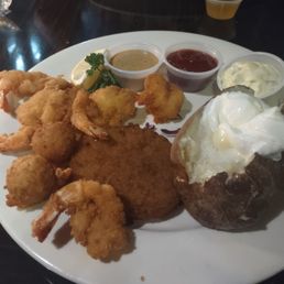 Pick two meal fried shrimp and crab cake with baked potatoes and salad. Pick two meal fried shrimp and crab cake with baked potatoes and salad.
