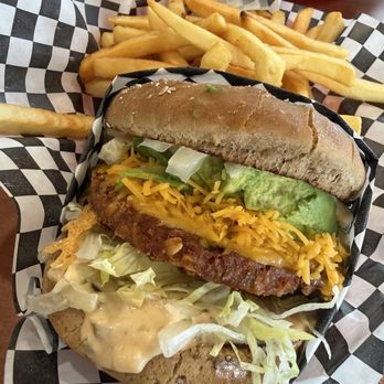 Super Chili Burgers - Veggie burger with cheddar cheese (instead of Swiss it comes with) - Burgers Near Me - Chino, California Super Chili Burgers - Veggie burger with cheddar cheese (instead of Swiss it comes with) - Burgers Near Me - Chino, California