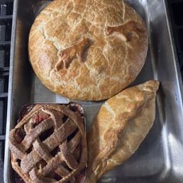 Steak, ale and mushroom pie, Cornish pasty and apple blackberry and raspberry pie Steak, ale and mushroom pie, Cornish pasty and apple blackberry and raspberry pie