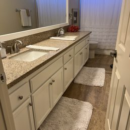 Guest bath, originally oak, new sinks, fixtures and granite countertop from Carlos. Guest bath, originally oak, new sinks, fixtures and granite countertop from Carlos.