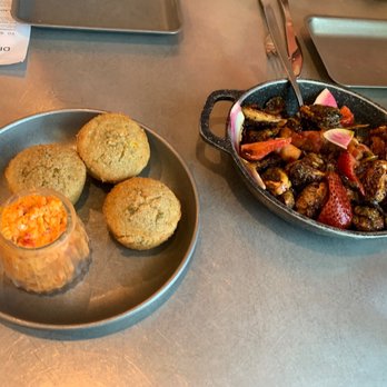 Hildee's Dine-Inn - Jalapeño corn bread muffins and house pimento cheese and balsamic reduction brussel sprouts with bacon and strawberries! - Southern Near Me - Wimberley, Texas Hildee's Dine-Inn - Jalapeño corn bread muffins and house pimento cheese and balsamic reduction brussel sprouts with bacon and strawberries! - Southern Near Me - Wimberley, Texas