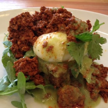 La Condesa - Chilangos, wild boar chorizo, poached eggs, quinoa croquette, arugula, salsa verde - Mexican Near Me - Austin, Texas La Condesa - Chilangos, wild boar chorizo, poached eggs, quinoa croquette, arugula, salsa verde - Mexican Near Me - Austin, Texas