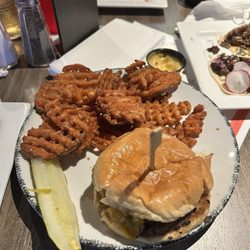 Brisket Burger Sweet Potato Waffle fries