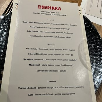 Dhamaka - Restaurant week menu 2026 - Indian Near Me - New York, New York