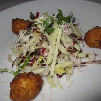 Flea Street - Bitter Green Salad with Parsnip Fritters and Shaved Egg - New American Near Me - Menlo Park, California Flea Street - Bitter Green Salad with Parsnip Fritters and Shaved Egg - New American Near Me - Menlo Park, California