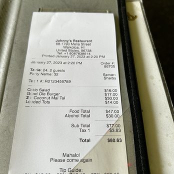Johnny’s Waikoloa - Receipt - Burgers Near Me - Waikoloa, Hawaii