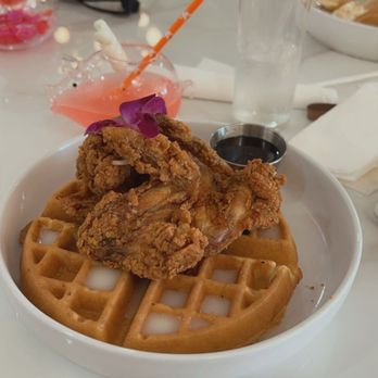 The Breakfast Bar - Chicken and waffles.  Drink: pretty piggy - Breakfast & Brunch Near Me - Duluth, Georgia