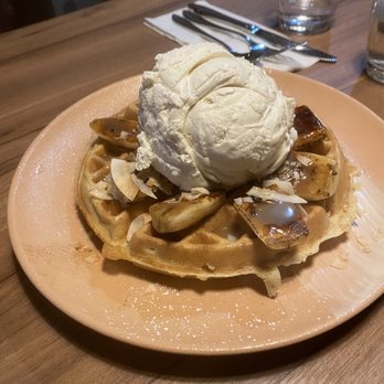 Demetres - Festive winter Belgium waffle (honey vanilla ice cream, salted caramel sauce, bananas and coconut flakes) - Desserts Near Me - Toronto, Ontario