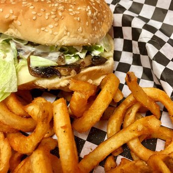 Big Daddy's - Mushroom burger with curly fries - Burgers Near Me - Graham, Washington Big Daddy's - Mushroom burger with curly fries - Burgers Near Me - Graham, Washington