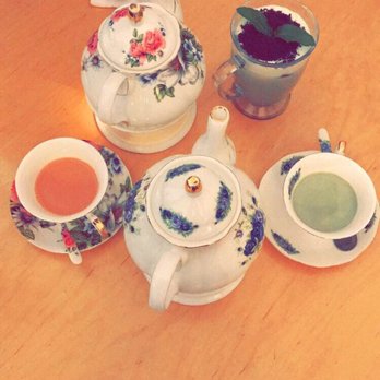 Prince Tea House - Left was the hot rose tea. Right was the genmaicha. Top right was the chocolate tiramisu - Tea Rooms Near Me - Flushing, New York