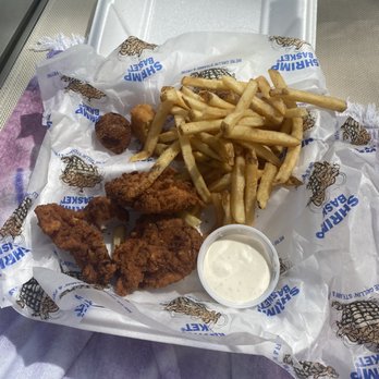 Shrimp Basket - Fried chicken tender basket, fries, 2 hush puppies, 1 corn nugget - Seafood Near Me - Orange Beach, Alabama Shrimp Basket - Fried chicken tender basket, fries, 2 hush puppies, 1 corn nugget - Seafood Near Me - Orange Beach, Alabama