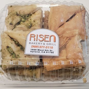 Risen Bakery & Grill - Baklava pistachio topping, no topping (left to right) - Modern European Near Me - Upland, California Risen Bakery & Grill - Baklava pistachio topping, no topping (left to right) - Modern European Near Me - Upland, California