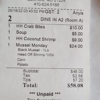 Baltimore Seafood - Bill.  Automatic gratuity - Seafood Near Me - Baltimore, Maryland