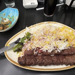 Koobideh Kabob with saffron rice, and what's left of my Kashke Bademjan.