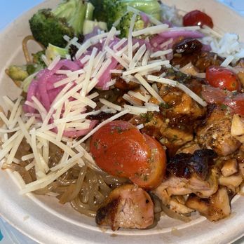 Bolay - My bowl had sweet potato noodles , jasmine rice , broccoli , red onion , tomatoes & parm. Delicious - New American Near Me - Royal Palm Beach, Florida
