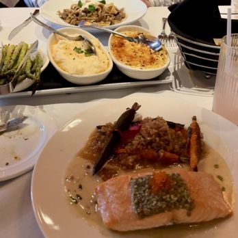 Level 2 Steakhouse - Scottish Salmon, Stroganoff, mashed potatoes, crème brûlée creamed corn, and asparagus - Steakhouses Near Me - Branson, Missouri Level 2 Steakhouse - Scottish Salmon, Stroganoff, mashed potatoes, crème brûlée creamed corn, and asparagus - Steakhouses Near Me - Branson, Missouri