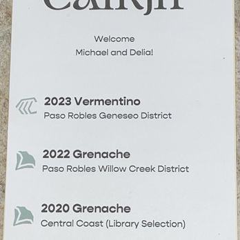 Cairjn Wine Cellars - Tasting Menu (as of our 3/13/25 visit) - Wineries Near Me - Paso Robles, California Cairjn Wine Cellars - Tasting Menu (as of our 3/13/25 visit) - Wineries Near Me - Paso Robles, California