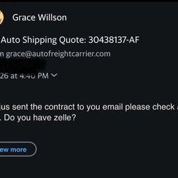 Auto Freight Carriers - Asking for payment via Zelle, hell no.