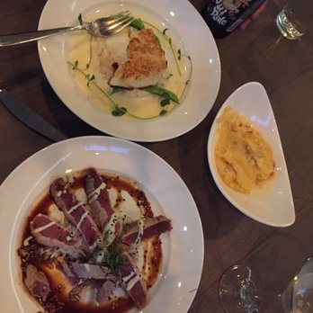 Salt on Mass - Sea Bass, Seared Tuna, Lobster Mashed Potatoes. I took a bite of the tuna before I took the picture. I couldn't help it! - Seafood Near Me - Indianapolis, Indiana