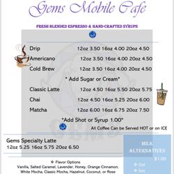 Gems Mobile Cafe - Drink Menu