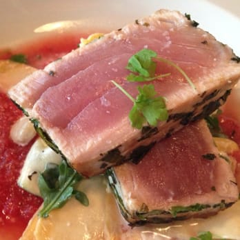 Hooked - Seared Herb Crusted Tuna with Squash Ribbons and Gazpacho - Seafood Near Me - Ocean City, Maryland Hooked - Seared Herb Crusted Tuna with Squash Ribbons and Gazpacho - Seafood Near Me - Ocean City, Maryland