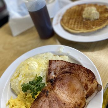 The Serving Spoon - Rambo (1) Waffle, (2) Eggs, Ham, Bacon or Sausage, and Grits, Rice or Potatoes - Breakfast & Brunch Near Me - Inglewood, California