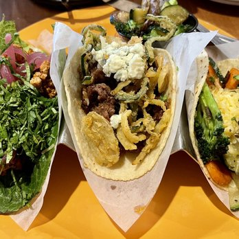 Cocina Madrigal - Al Pastor in a lettuce cup, steak tenderloin on a corn tortilla, and the roasted seasonal vegetables also on corn. - Tacos Near Me - Phoenix, Arizona