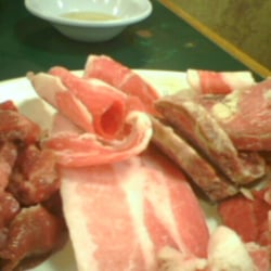 Left to Right : Marinated Beef Brisket , Pork Slices , Pork Belly , Prime Rib