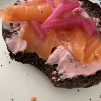 Greenberg’s Bagels - Pumpernickel bagel with lox and beet/horseradish cream cheese best combo - Bagels Near Me - Brooklyn, New York Greenberg’s Bagels - Pumpernickel bagel with lox and beet/horseradish cream cheese best combo - Bagels Near Me - Brooklyn, New York