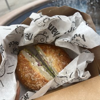 Hank's Bagels - Veggie Bagel Sandwich with angry bird cream cheese - Bagels Near Me - Calabasas, California
