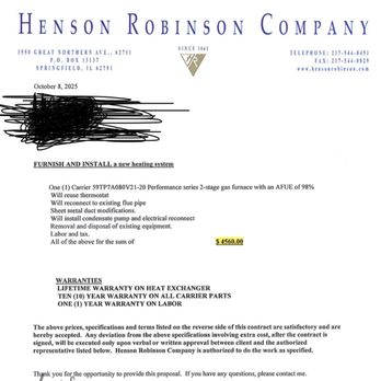 Mike Williams Plumbing, Heating, Air Conditioning & Sewer - This is the quote from Henson Robinson for the furnace. - Plumbing Near Me - Springfield, Illinois