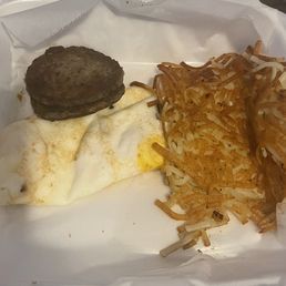 Paper thin sausage, overcooked eggs, bland cold hashbrowns.