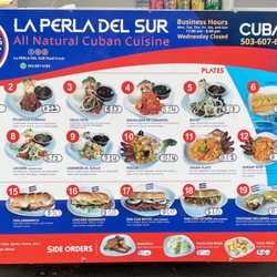 La Perla Del Sur - Current menu. The #12 shrimp rice w/ maduros was great!