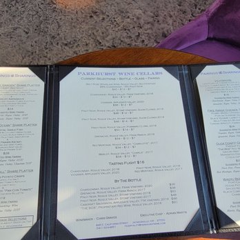 Parkhurst Wine Cellars - Menu 12/16/2023 - Wine Tasting Room Near Me - Jacksonville, Oregon