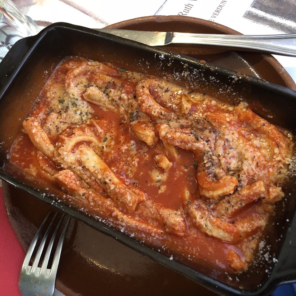 Tripe with fresh mint, pecorino Romano and tomato sauce. One of the best tripe dishes I have ever had. Bellisima! Tripe with fresh mint, pecorino Romano and tomato sauce. One of the best tripe dishes I have ever had. Bellisima!