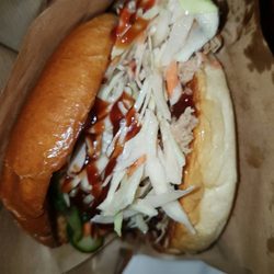 Oink Oink - Pulled pork burger - 80 DKK. There's a lot more pulled pork in there than pictured