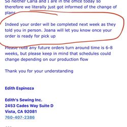 Ediths Sewing - Project completion confirmation