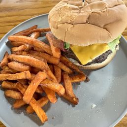 Double bacon cheeseburger, with sweet potato fries.