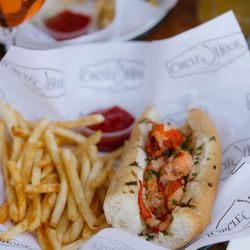 Fresh seafood in Lido Marina Village featuring local catch and fish tacos at Circle Hook Fish Company in Newport Beach.
